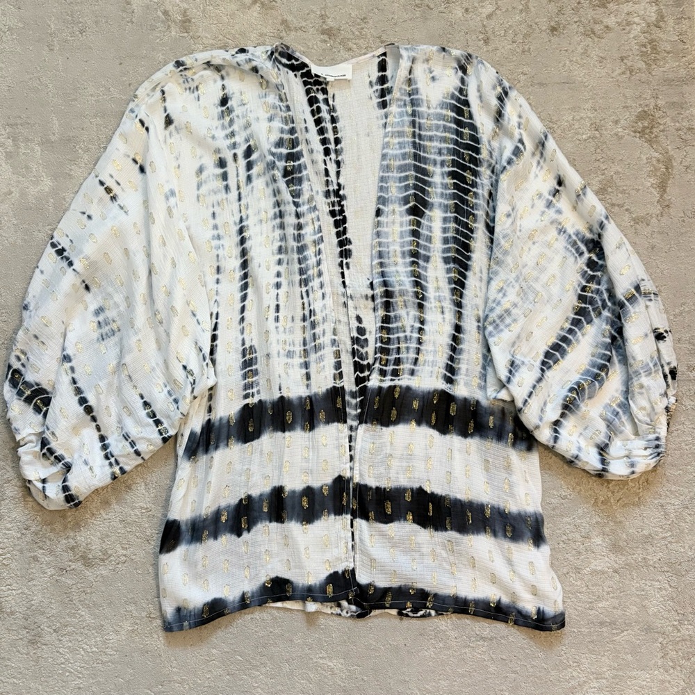 Anthropologie Vada Gold Shimmer Tie Dye Navy & White Cocoon Kimono One Size - Picture 3 of 10